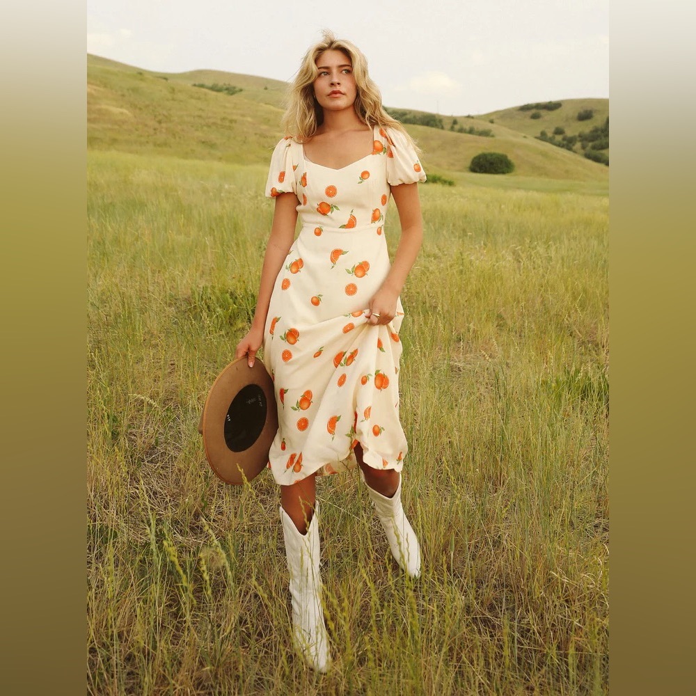 Jo West Darcie Orange Midi Dress Fruit Puff